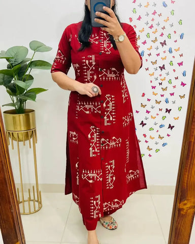Crimson Red Tribal Print Button-Down Kurta Set