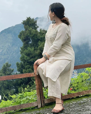 Off White Embroidered Cotton Kurta And Pant Set
