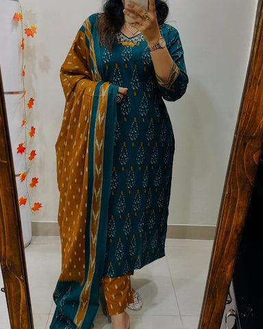 Premium Ajrak Cotton Suit Set – Teal & Mustard Ikat Print | Kurti, Pant & Dupatta