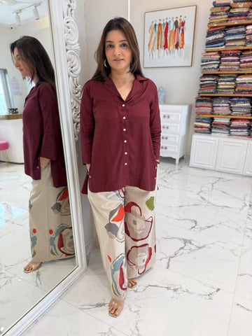 Wine Button-Down Tunic with Abstract Print Palazzo Pants