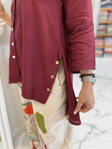 Wine Button-Down Tunic with Abstract Print Palazzo Pants