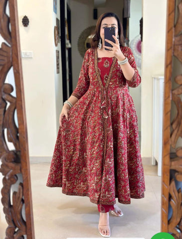Royal Red Brocade Anarkali Kurta Set with Zari Dupatta