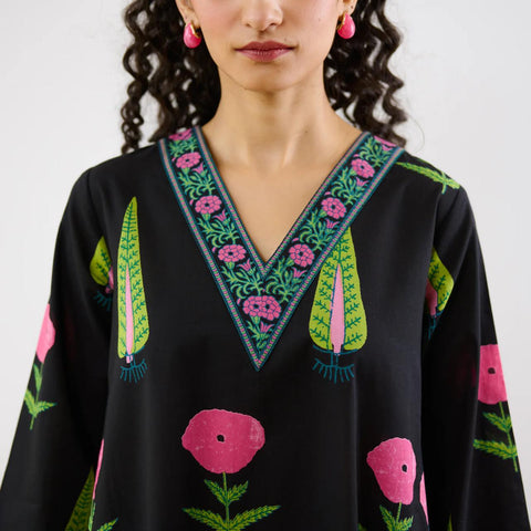 Midnight Black Floral Printed Kurta Set with V-Neck and Straight Pants