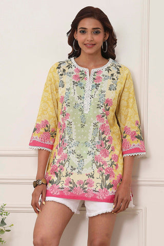 Yellow & Green Floral Printed Short Kurti