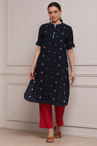 Navy Blue Printed Kurta with Red Pants