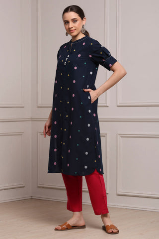 Navy Blue Printed Kurta with Red Pants