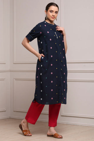 Navy Blue Printed Kurta with Red Pants