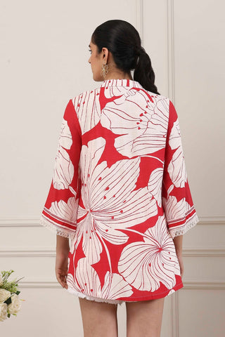Red & White Floral Printed Short Kurti