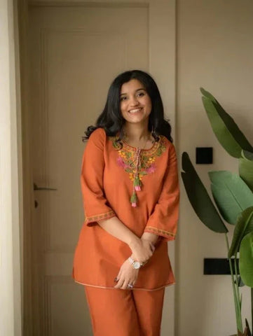 Sunset Orange Embroidered Kurta Co-Ord Set with Tassel Detailing