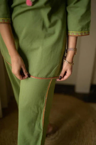 Olive Green Floral Embroidered Kurta Co-Ord Set with Tassel Detailing