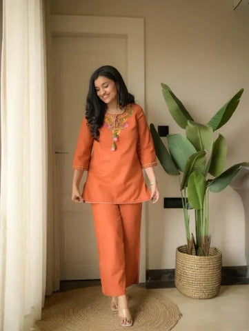 Sunset Orange Embroidered Kurta Co-Ord Set with Tassel Detailing