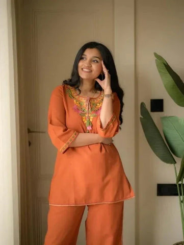 Sunset Orange Embroidered Kurta Co-Ord Set with Tassel Detailing