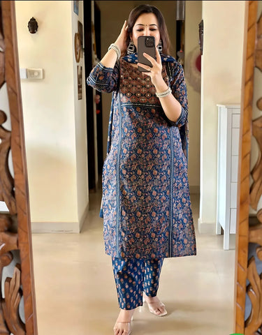 Midnight Indigo Printed Kurta Set with Elegant Dupatta