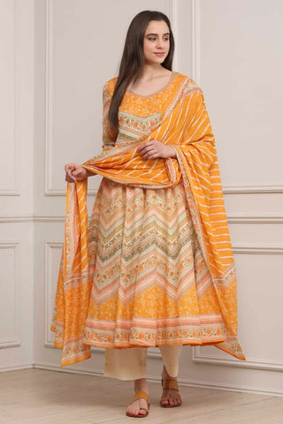 Beige Floral Printed Anarkali Kurta Set