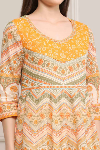 Beige Floral Printed Anarkali Kurta Set