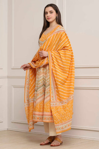 Beige Floral Printed Anarkali Kurta Set