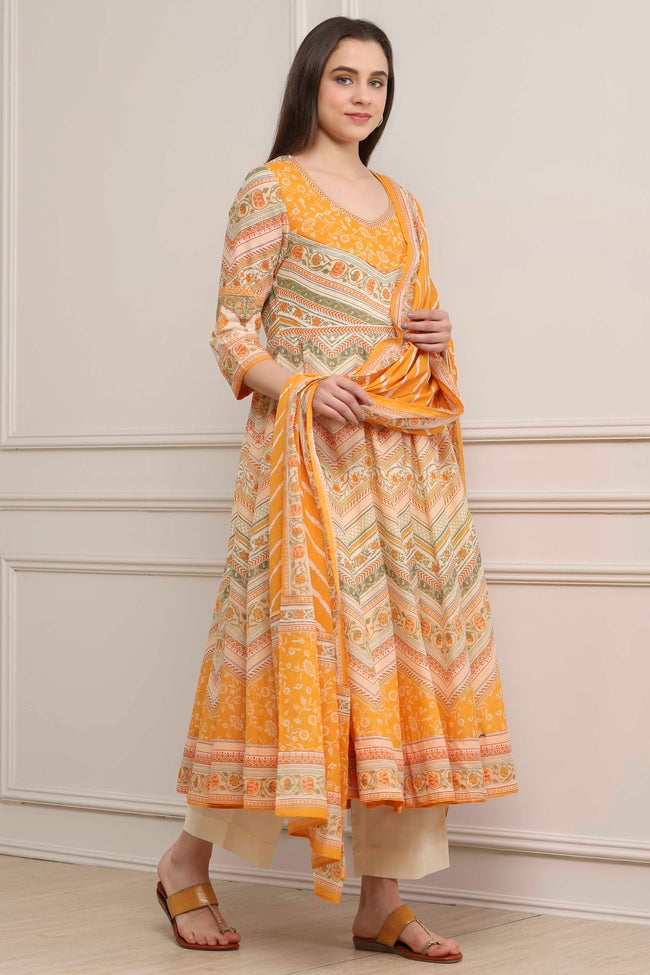 Beige Floral Printed Anarkali Kurta Set