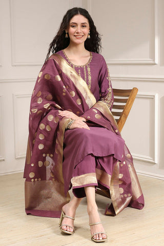 Wine Purple Kurta Pant Set with Printed Dupatta