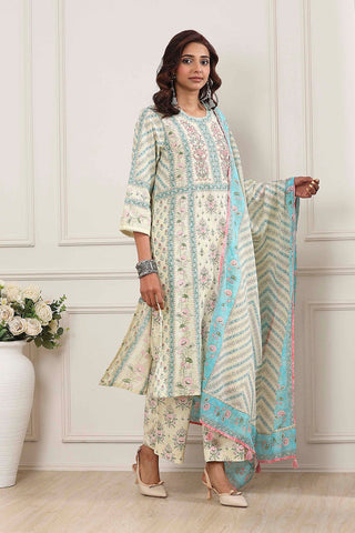 Aqua Floral Printed Kurta Pant Set