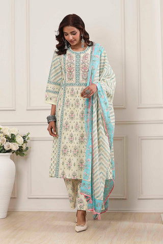 Aqua Floral Printed Kurta Pant Set