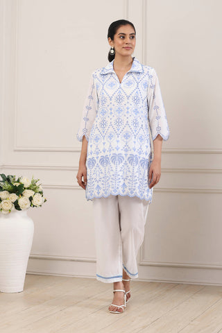 White & Blue Floral Embroidered Kurta Set