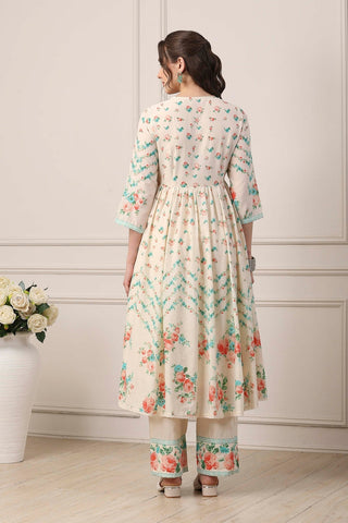 Ivory Floral Printed Anarkali Suit Set