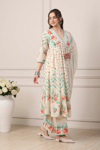 Ivory Floral Printed Anarkali Suit Set