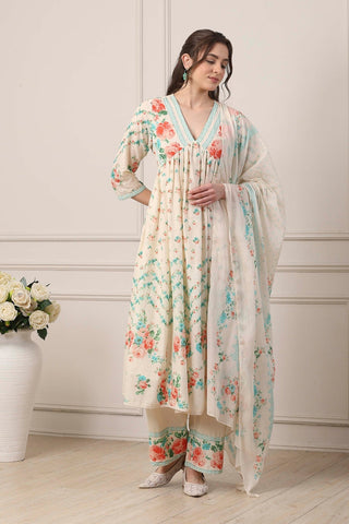 Ivory Floral Printed Anarkali Suit Set